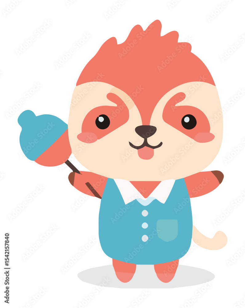 Naklejka premium Cartoon Sloth Character Holding a Blue and Coral Rattle Toy with a Happy Expression.