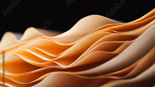 Abstract flowing silk wave background with smooth orange and gold satin fabric texture featuring soft curves and light yellow swirl vector illustration pattern for a decorative wallpaper design