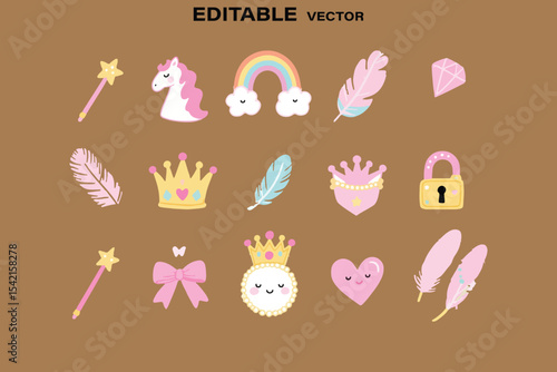 Cute pastel princess and unicorn themed vector icons set