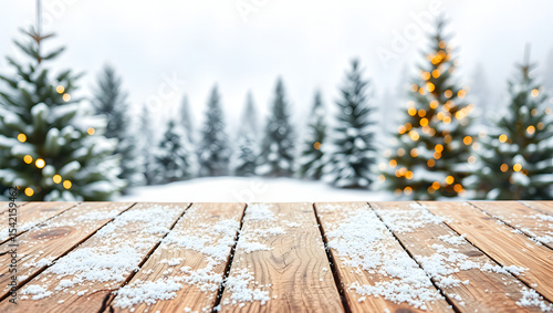 Wooden tabletop covered with snow against a blurry backdrop of snowy christmas trees