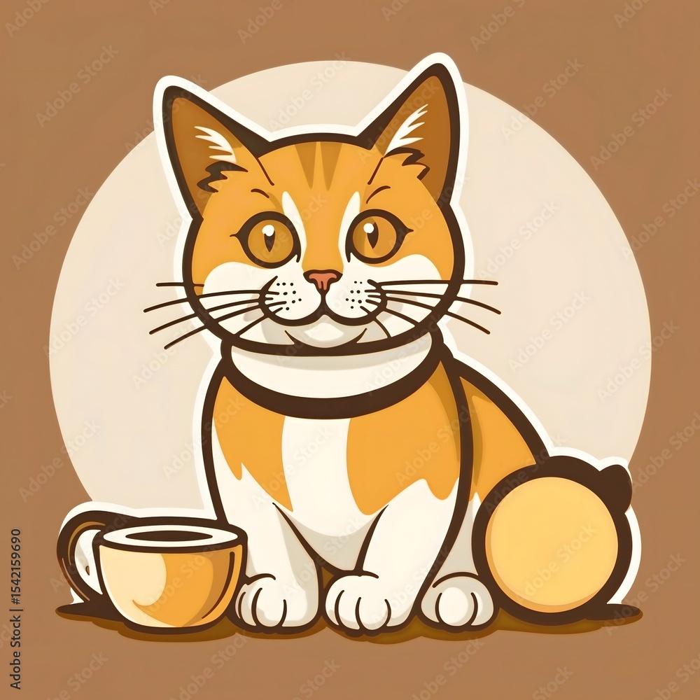 Cat sitting with a cup on a brown background, isolated Cat sitting with a cup on a brown background, isolated