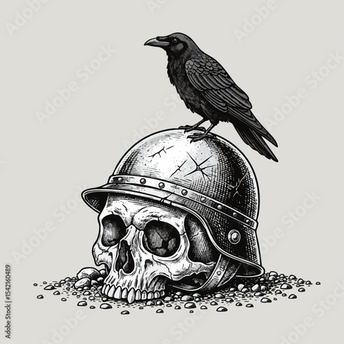 Black crow perched on military helmet surrounded by debris in a desolate scene