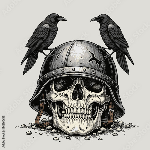 Mysterious skull helmet adorned with black ravens evoking gothic atmosphere