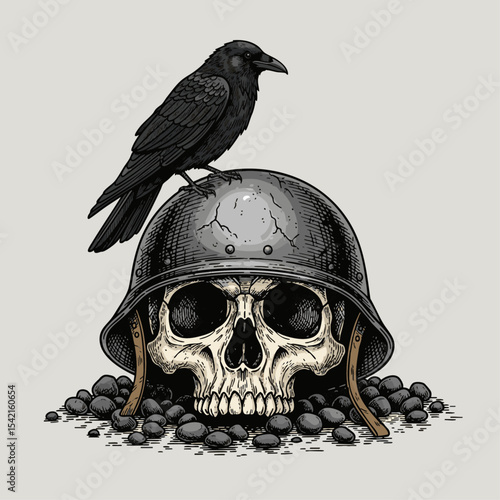 Black crow perched on a helmet with dark mysterious atmosphere captures nature's allure