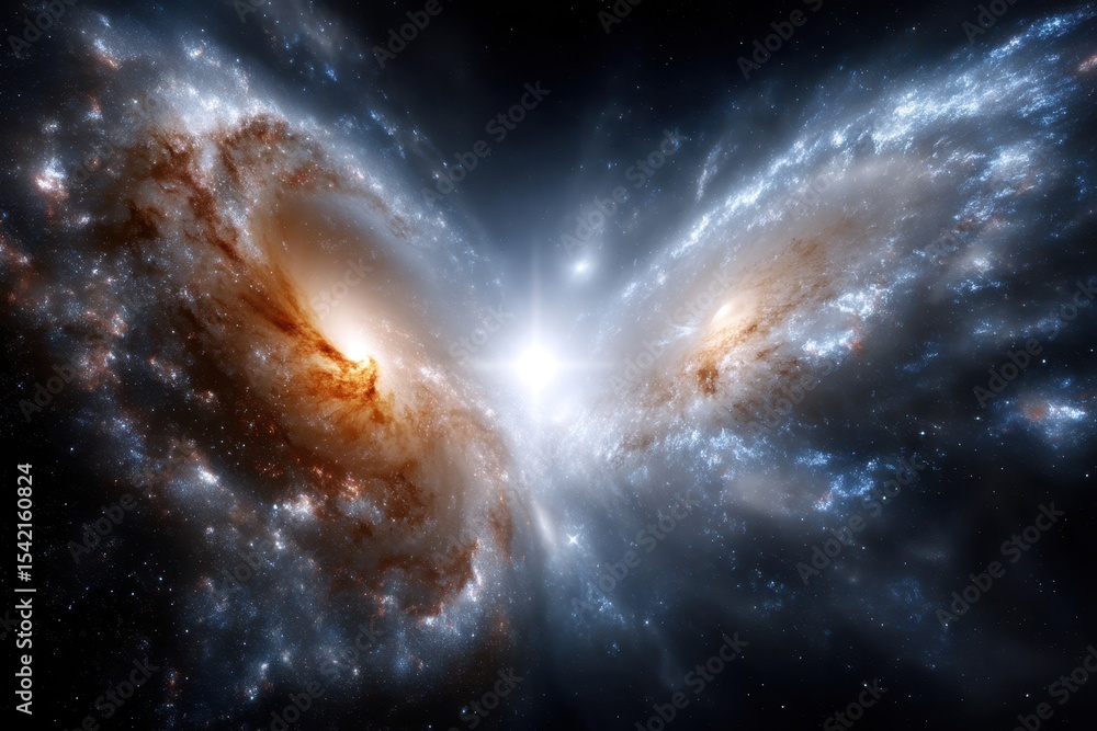 Fototapeta premium Cosmic collision of galaxies showing swirling clouds of gas and vibrant colors in space