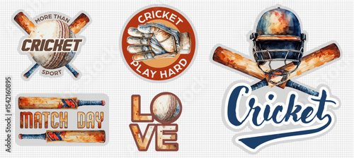 Watercolor Cricket stickers Badge cricket-themed designs of bats, gloves, balls, and helmets