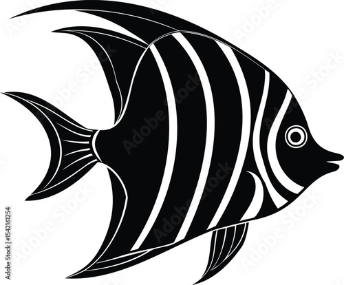 Stylized illustration of a black and white angelfish with elegant fins