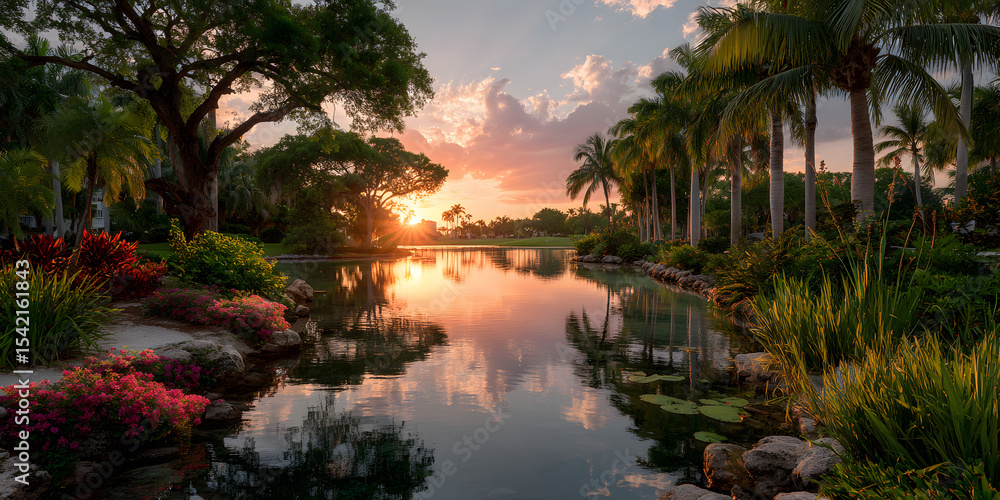 Serene sunset over tranquil waters of a lake in Coral Springs, Florida, surrounded by lush green palm trees and vibrant tropical foliage. Serene sunset over tranquil waters of a lake in Coral Springs, Florida, surrounded by lush green palm trees and vibrant tropical foliage.