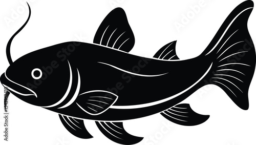 Black silhouette of a catfish with barbels and fins isolated on white