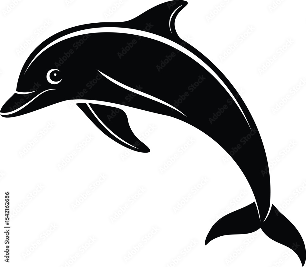 Naklejka premium Simple black and white dolphin leaping upwards in a graceful curve