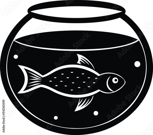 A monochrome depiction of a fish inside a glass fishbowl aquarium