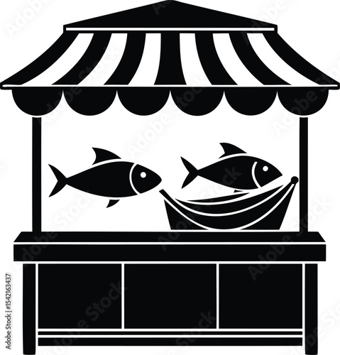 Monochrome image of a fish market stall with a striped awning