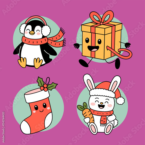 Cute Christmas Holiday Characters and Gift Vector Illustration Set