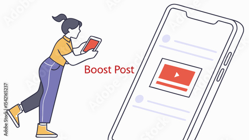Woman using tablet next to large phone screen with a video player for boost post advertisement campaign