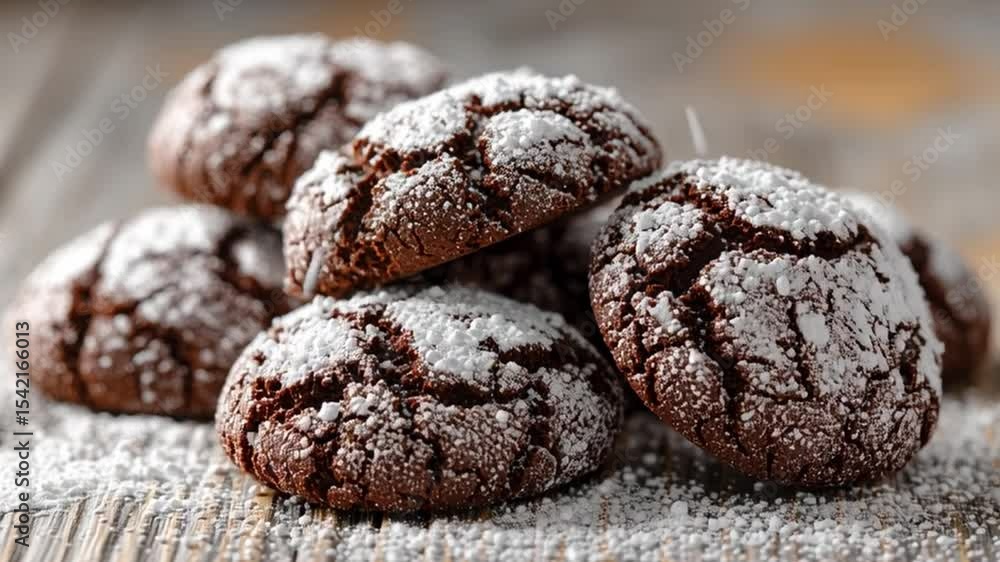 Delicious chocolate cookies with a crinkled surface and snowy sugar finish rest on white wood, captured in soft focus.
Delicious chocolate cookies with a crinkled surface and snowy sugar finish rest on white wood, captured in soft focus.