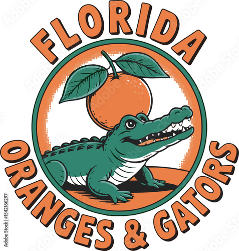 Florida Oranges and Gators Logo Illustration Orange Green Alligator Fruit Cartoon Mascot Design