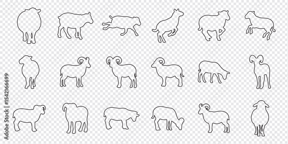 Obraz premium Minimalist Sheep Outline Silhouette Set Vector Black Sheep Icons on White Background.