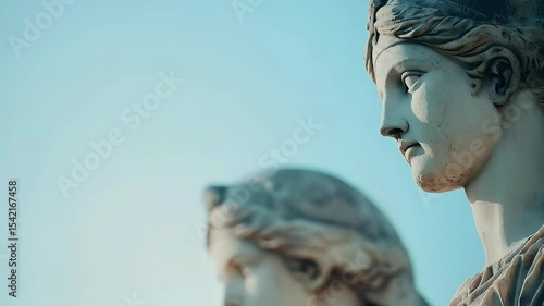 Close Up of Serene Classical Statues: Pale Marble, Detailed Features, Tranquil Expressions