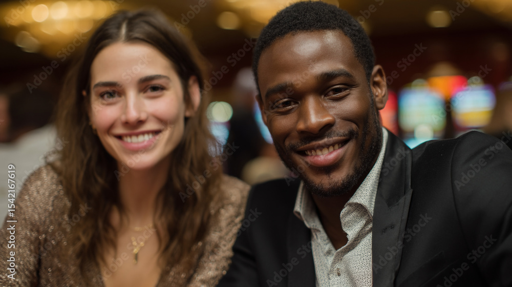 Fototapeta premium A couple sits at a casino table smiling.