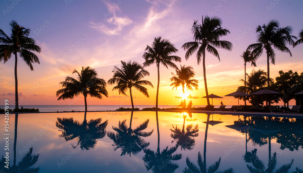 A serene sunset over a tranquil pool, framed by silhouetted palm trees, reflecting vibrant hues of orange, pink, and purple in the water A serene sunset over a tranquil pool, framed by silhouetted palm trees, reflecting vibrant hues of orange, pink, and purple in the water