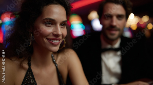 A couple sits at a casino table smiling.