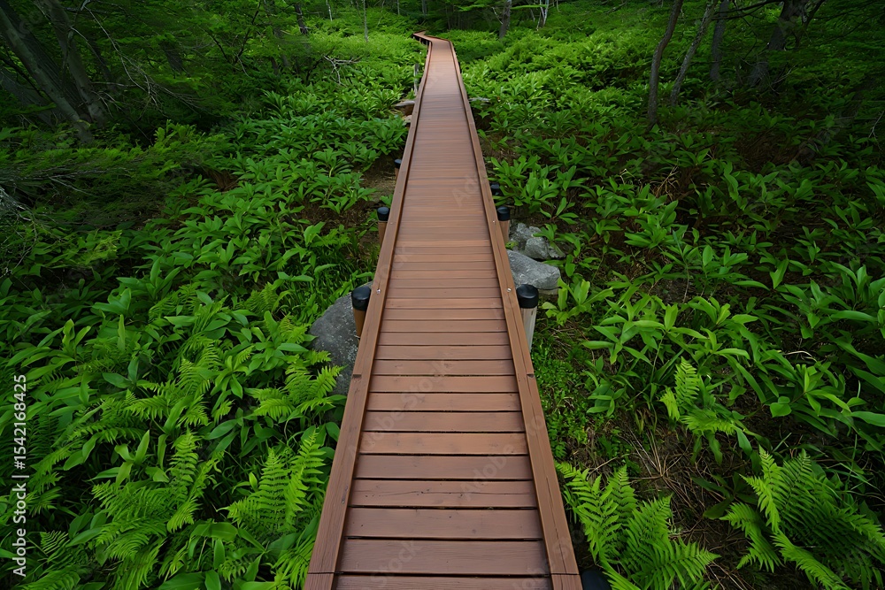 Elevated Wooden Boardwalk Path Winding Through Lush Green Fern and Plant Undergrowth in a Forest Setting Brown Wood Planks Natural Greenery Tranquil Nature Scene Elevated Wooden Boardwalk Path Winding Through Lush Green Fern and Plant Undergrowth in a Forest Setting Brown Wood Planks Natural Greenery Tranquil Nature Scene