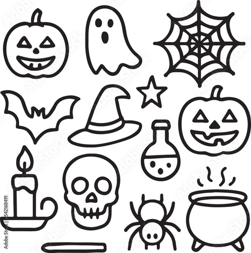 Halloween Icons – Pumpkin, Ghost, Spider, Web, Witch Hat, Bat, Skull, Cauldron, Candle, Star, Potion Bottle – Clean Silhouettes for Scary Season Designs