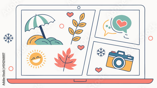 Laptop screen displaying collage of seasons with beach umbrella, autumn leaves, camera and speech bubble on display