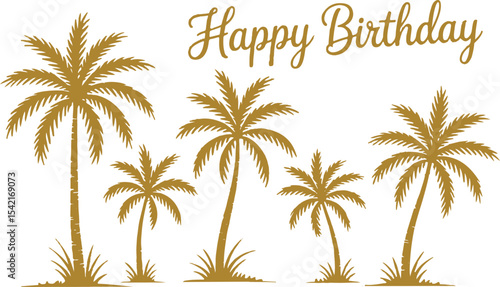 Golden Brown Palm Trees Silhouette Happy Birthday Tropical Greeting Card Design vector