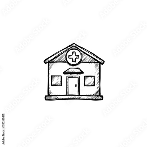 Clinic building icon in sketch style for healthcare services concept