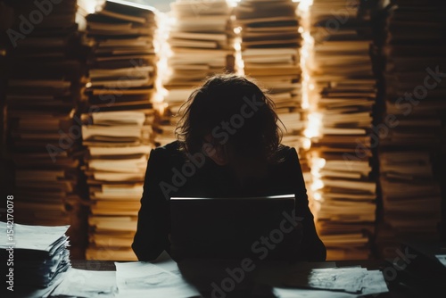 Individual Working Late Amongst Tall Stacks of Paper Files