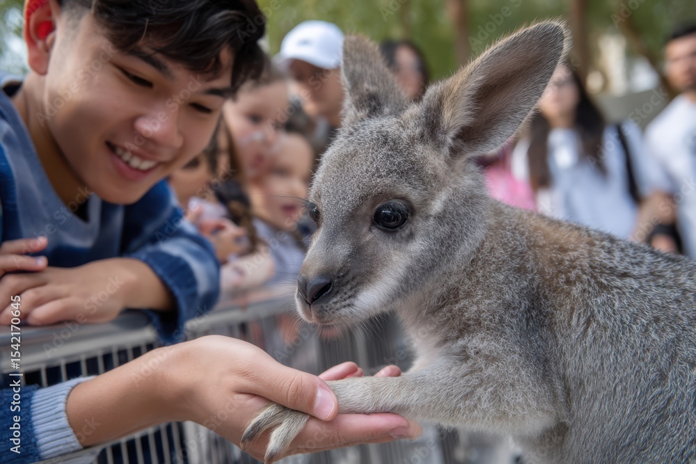 Fototapeta premium Young visitor interacts with a kangaroo at the wildlife exhibit in the afternoon