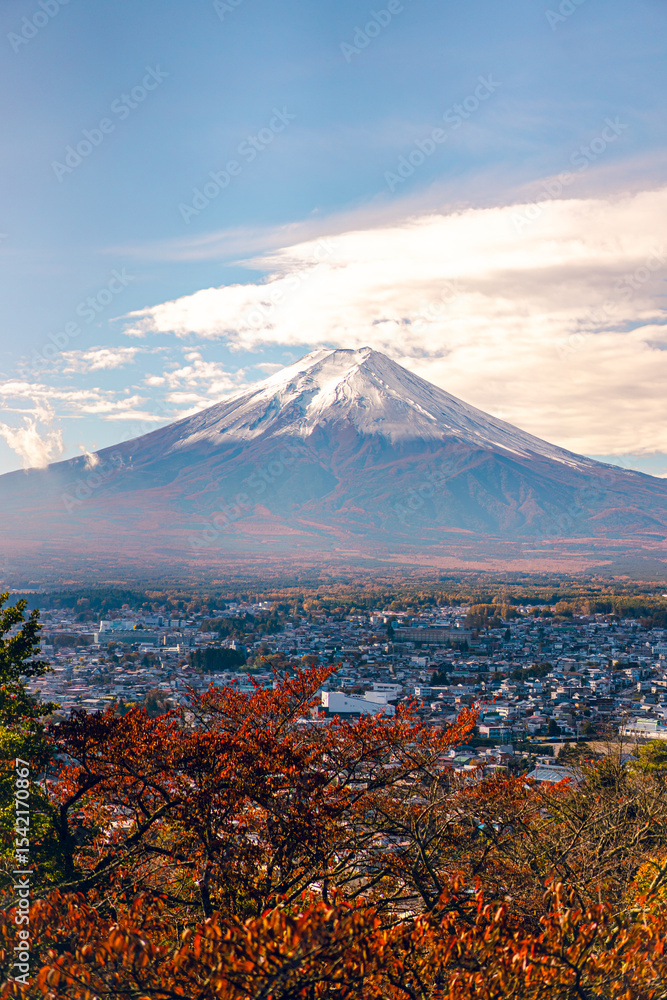 Obraz premium Cityscape views of the city near the volcano in the autumn from the Chureito Pagoda, Japan. There is Mount Fuji with snow on the top with a clear blue sky. There are colorful houses and buildings.