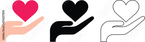 Three versions of a heart icon symbolizing love and compassion held by open hands