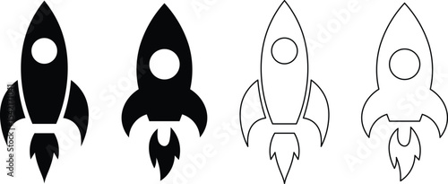 Vector illustration of black and white rocketships representing space travel and innovation