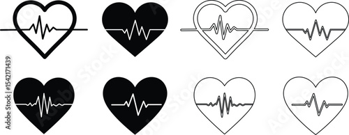 Heartbeat and ekg symbols depicting healthy rhythm and cardiac pulse illustrations in simple styles
