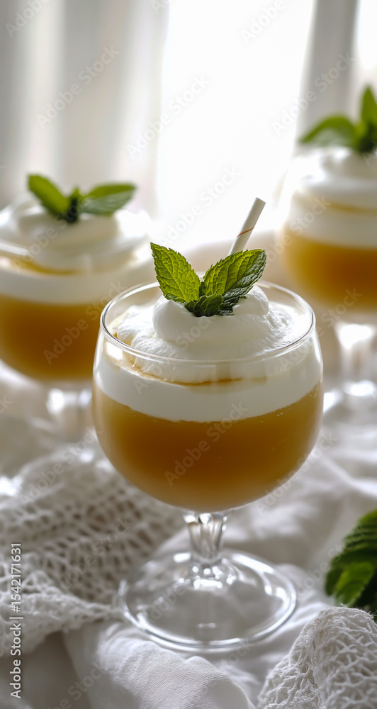 An elegant, layered glass dessert image, featuring layers of creamy milk and rich caramel sauce, beautifully presented with a smooth texture and attractive color. An elegant, layered glass dessert image, featuring layers of creamy milk and rich caramel sauce, beautifully presented with a smooth texture and attractive color.