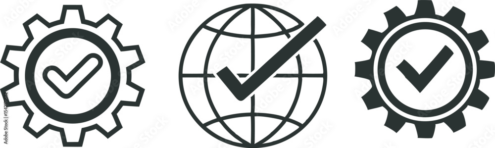 Global operations and technology solutions represented by gears and checkmarks vector illustration Global operations and technology solutions represented by gears and checkmarks vector illustration