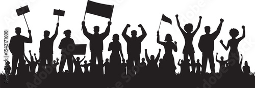 Crowd of silhouetted people protesting with flags and signs for a cause
