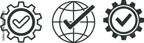 Global operations and technology solutions represented by gears and checkmarks vector illustration