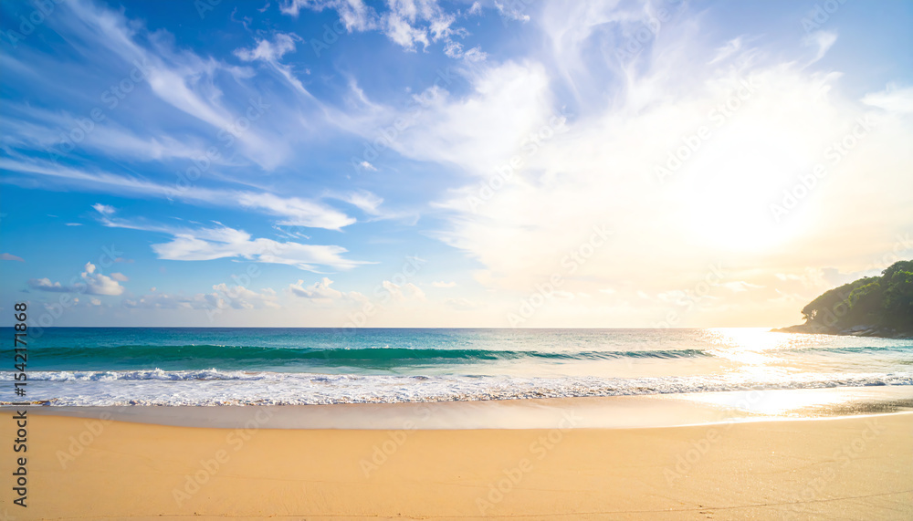 A serene beach scene with golden sand, gentle waves, and a bright sky filled with fluffy clouds and warm sunlight reflecting on the water A serene beach scene with golden sand, gentle waves, and a bright sky filled with fluffy clouds and warm sunlight reflecting on the water