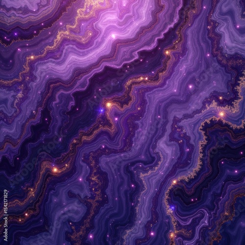 Vibrant purple geode-inspired texture with swirling layers, glowing highlights, and golden accents, blending cosmic and crystalline aesthetics. Generative, AI,