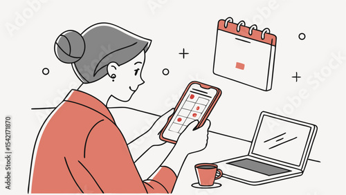 Woman using phone with calendar, laptop, and coffee cup in a workspace setting, planning and organization