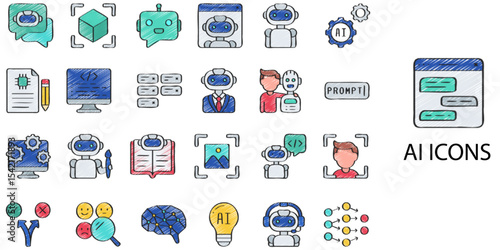 AI simple concept 24 hand drawn color icons set .Vector illustration.	