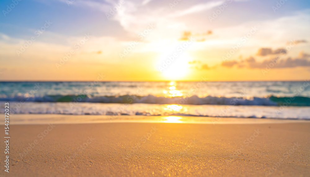 A serene beach scene at sunset, featuring gentle waves lapping at the shore under a colorful sky A serene beach scene at sunset, featuring gentle waves lapping at the shore under a colorful sky