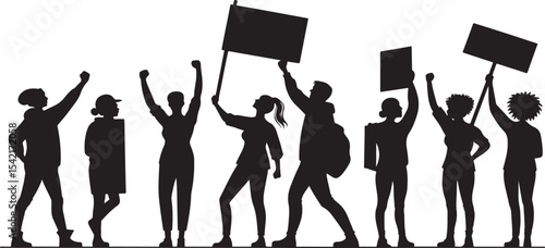 Silhouette group protesting with signs and flag illustrating activism and social justice