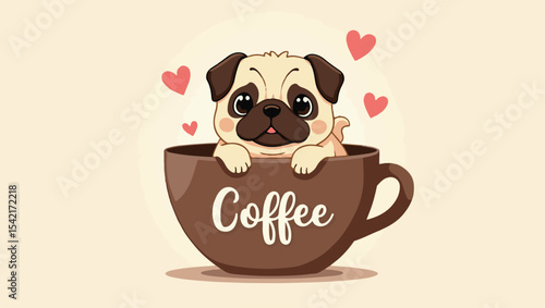 Adorable Pug Puppy in a Coffee Cup Sweet and Heartwarming Digital Art Illustration with a Playful and Lovable Theme

