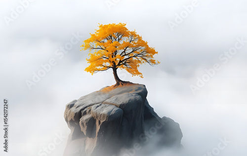 Majestic golden tree growing on a rocky cliff surrounded by white misty clouds in nature
