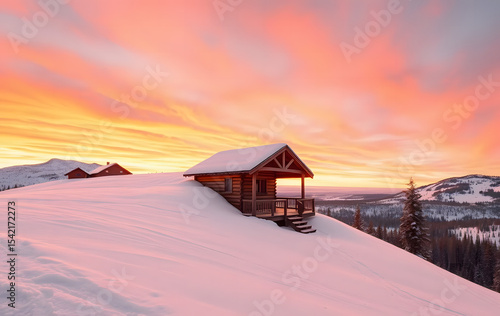 Wooden cabin on snowy hillside at sunset illuminates the vivid sky and snow