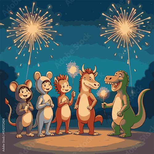 Festive Cartoon Animals Celebrating with Fireworks Sparklers Joyful Gathering
